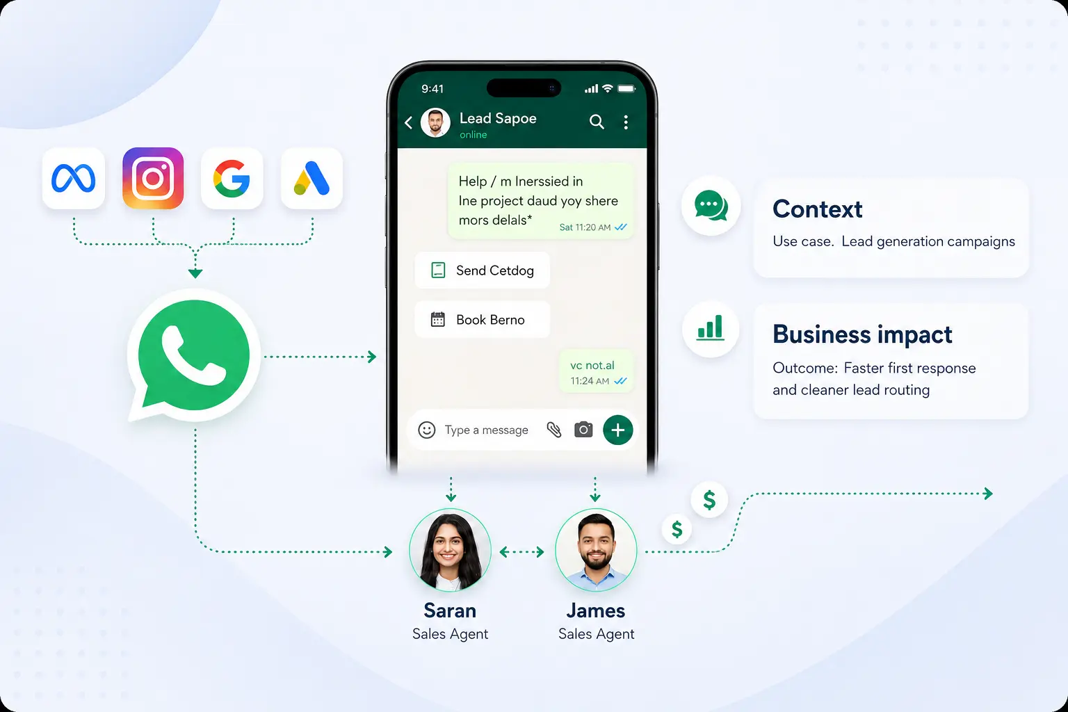 Click to WhatsApp ad flow converting ad clicks into live WhatsApp conversations